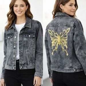 DMC Gray Denim Jacket Gold Butterfly Embroidery Boho Statement Women Size 8-10